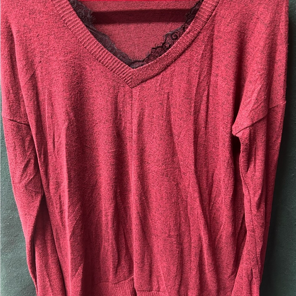 Poof Burgundy Red V-Neck Sweater with Lace Fringe details. Small